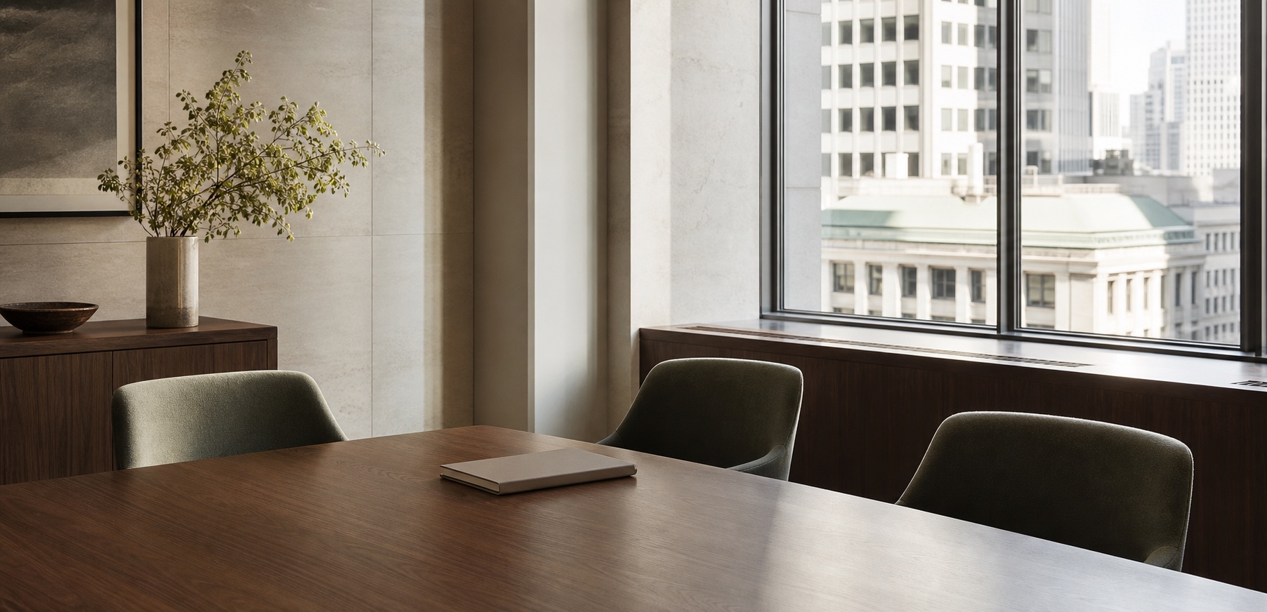 A calm meeting room prepared for a confidential conversation