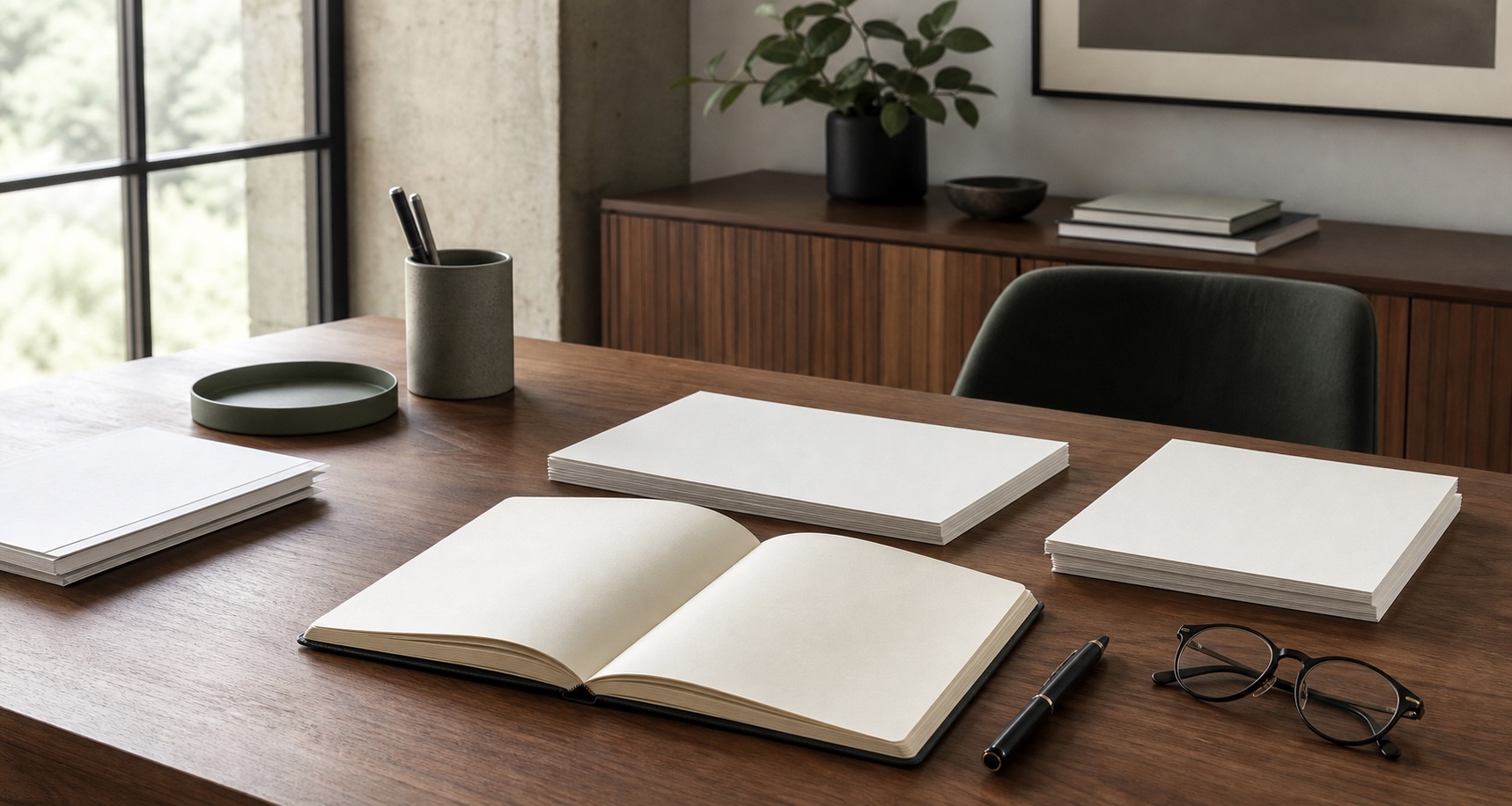 An organized research desk with a blank notebook and papers